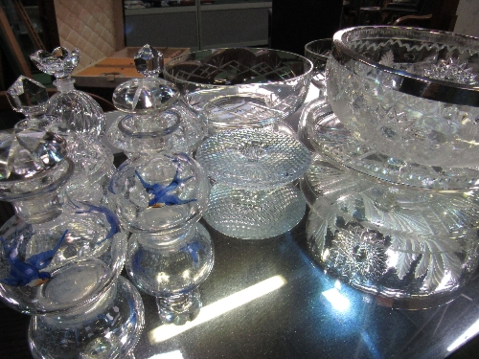 5 glass scent bottles, glass candleholder, 2 cut glass fruit bowls, a cut glass bowl with silver - Image 2 of 2