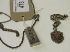 Silver ingot pendant & silver chain, total weight 2.28ozt & a silver badge, Sheffield Water Polo