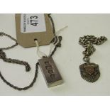 Silver ingot pendant & silver chain, total weight 2.28ozt & a silver badge, Sheffield Water Polo