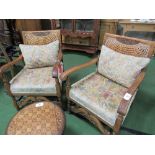2 bergere-back armchairs with floral upholstered seats & carved front stretcher. Estimate £80-100.