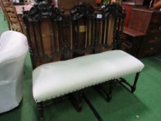 19th century Gothic oak high back 3 seater settle (newly upholstered). Estimate £70-100.