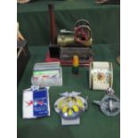 3 car badges, AA, CSMA & another; vintage travelling alarm clock by West Clox & a Fleischmann