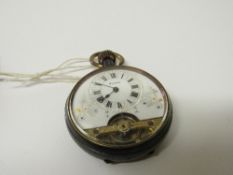 Vintage pocket watch with decorative face & partial visible escapement, going. Estimate £45-60.