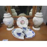 2 ceramic table lamp bases, Royal Albert Birthday plate & 2 dish & cup sets. Estimate £70-90