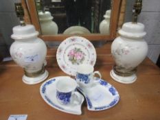 2 ceramic table lamp bases, Royal Albert Birthday plate & 2 dish & cup sets. Estimate £70-90