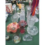 Large qty of glass ware including 2 square decanters, 2 ships decanters, 2 vases, 3 bowls & other