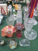 Large qty of glass ware including 2 square decanters, 2 ships decanters, 2 vases, 3 bowls & other