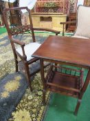 Teak display table, 46cms x 46cms & mahogany upholstered seat carver chair. Estimate £20-30.