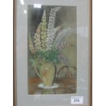 Framed & glazed painting of still life vase of Lupins, signed G A Moore & framed & glazed print of