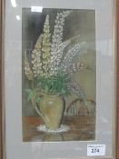 Framed & glazed painting of still life vase of Lupins, signed G A Moore & framed & glazed print of