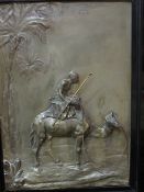 Framed metal relief picture of a solider on a camel in the style of Karl Sterrer. Estimate £20-30.