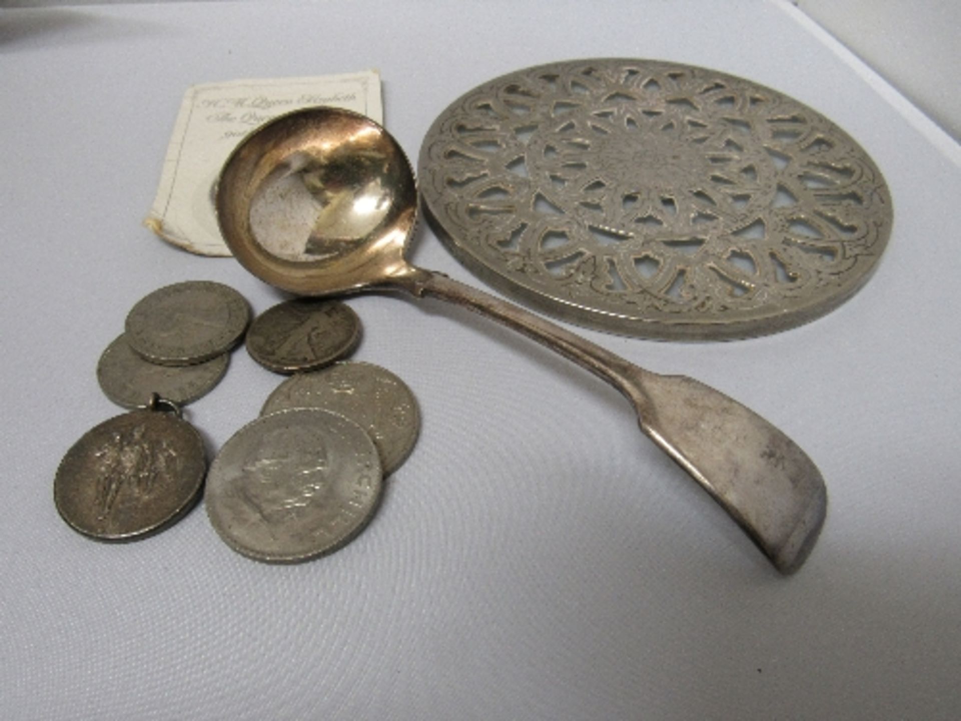 Silver metal coaster, A1 silver plated small ladle, collection of coins, an Athletic badge, dated - Image 2 of 2