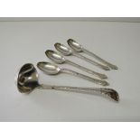 Set of 4 silver teaspoons, Chester 1903, 1.7ozt & 925 marked import silver ladle, London 1925, 0.