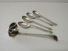 Set of 4 silver teaspoons, Chester 1903, 1.7ozt & 925 marked import silver ladle, London 1925, 0.