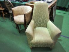 Green brocade upholstered rocking chair & mahogany framed 5-legged tub chair. Estimate £30-50.