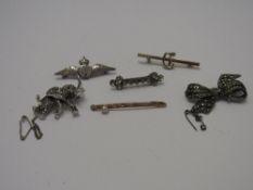 9ct gold & pearl tiepin, 2 marcasite brooches, paste brooch, sterling silver RAF brooch & 1 other.