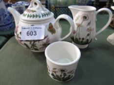 Portmeirion tea pot, sugar bowl & milk jug. Estimate £20-30.