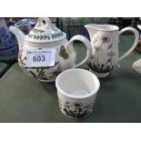 Portmeirion tea pot, sugar bowl & milk jug. Estimate £20-30.