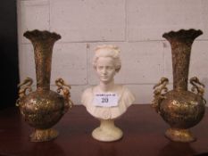 2 brass oriental flower vases, height 28cms & female head & shoulders, signed A Giannelli, 1980,