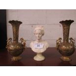 2 brass oriental flower vases, height 28cms & female head & shoulders, signed A Giannelli, 1980,