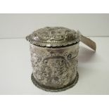 Repousee decorated silver lidded pot, Birmingham 1890, 3.38ozt. Estimate £30-50.