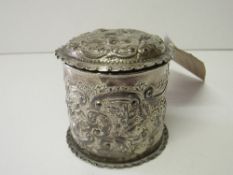 Repousee decorated silver lidded pot, Birmingham 1890, 3.38ozt. Estimate £30-50.