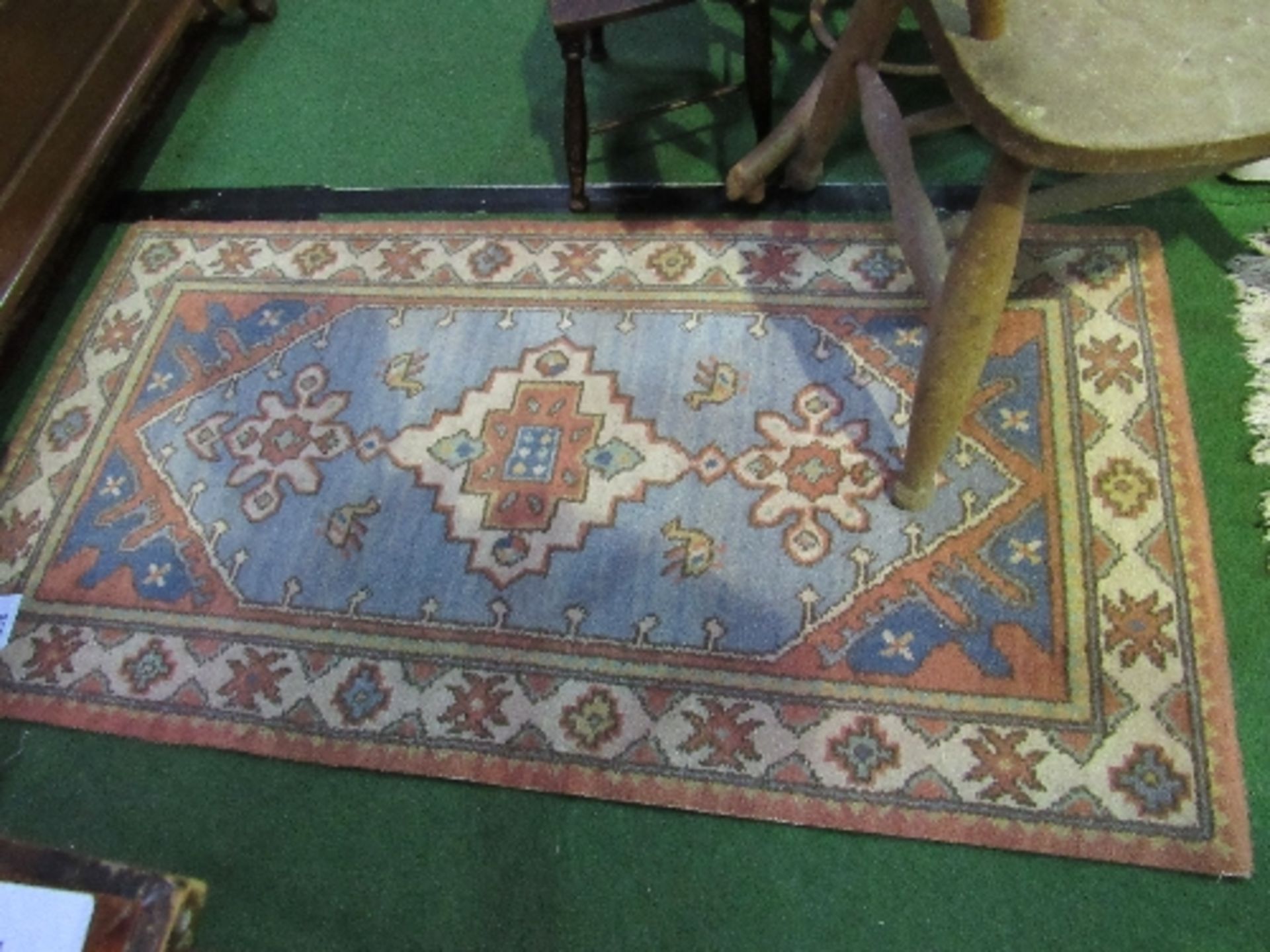 2 rugs: blue & ground & grey, 144cms x 70cms & 137cms x 70cms. Estimate £5-10.