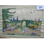 Framed & glazed embroidery of a cottage garden scene. Estimate £10-15.