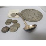 Silver metal coaster, A1 silver plated small ladle, collection of coins, an Athletic badge, dated