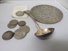 Silver metal coaster, A1 silver plated small ladle, collection of coins, an Athletic badge, dated