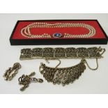 3 rope pearl necklaces & silver metal necklace, bracelet & earring set in a Jessop & Son box.