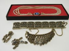 3 rope pearl necklaces & silver metal necklace, bracelet & earring set in a Jessop & Son box.