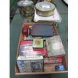 13 Huntley & Palmer biscuit tins, 1910 - 1960 including sample tin & photo book Queens Unit, 1955.