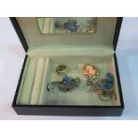 Jewellery box containing various pieces including a marcasite brooch (a/f) & an enamel on silver
