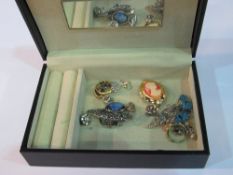 Jewellery box containing various pieces including a marcasite brooch (a/f) & an enamel on silver