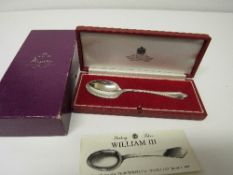 Asprey reproduction William III sterling silver spoon, all in original box. Estimate £60-80.