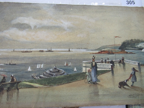 Watercolour on board signed J Hartnoll of a coastal scene & promenade. Estimate £5-10.