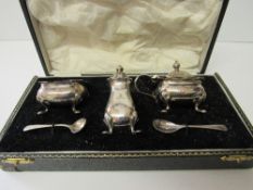 Silver cruet set in original box (box a/f), Birmingham 1961, 3.7ozt. Estimate £40-60.