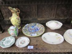 Wedgwood biscuit barrel, charger plate, Italian pitcher water jug with damaged spout, tea