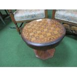 Sewing box on pedestal with inlaid cheque board top. Estimate £20-30.