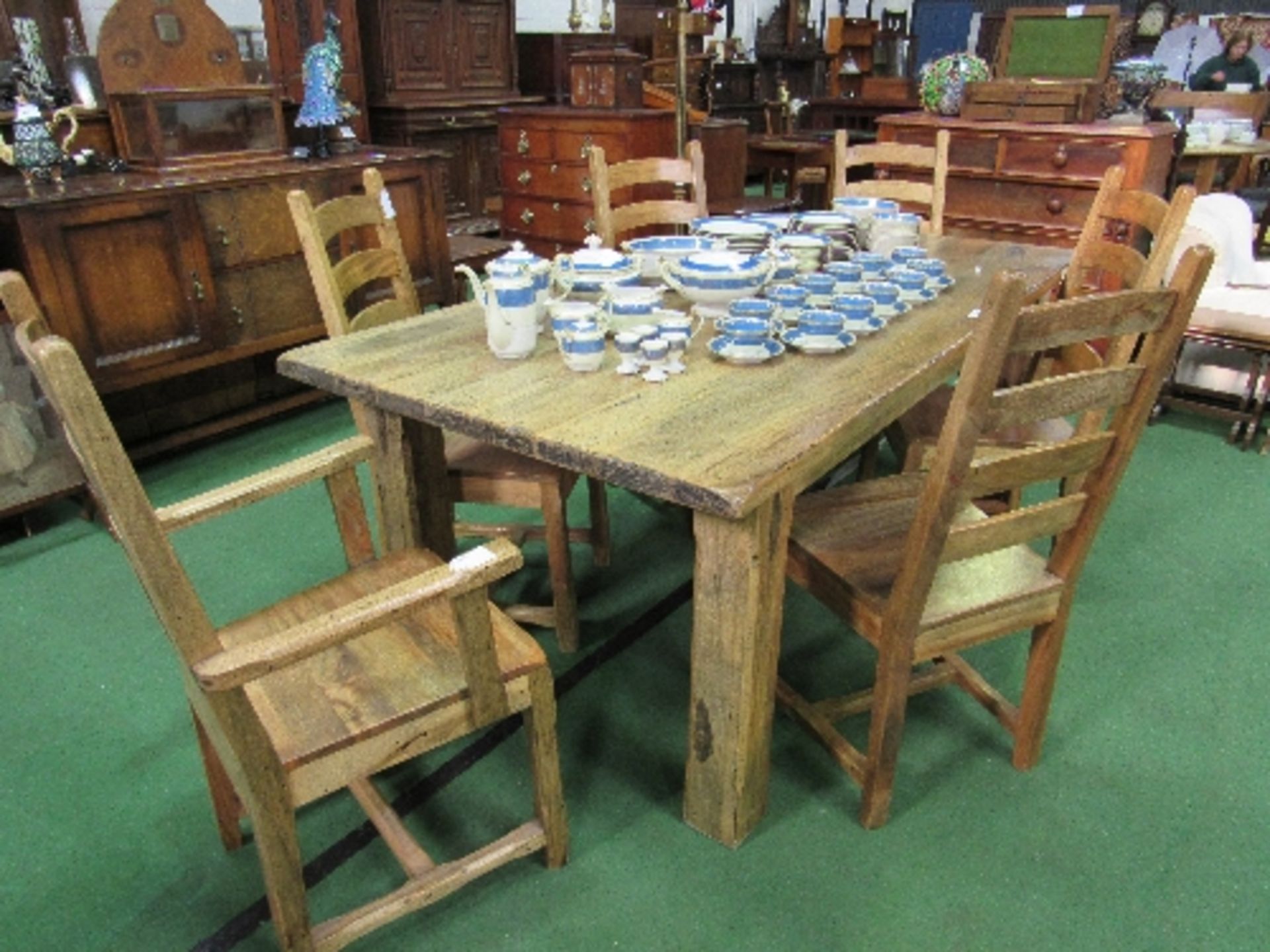 Mango wood kitchen table on block supports together with 4 matching chairs & 2 carvers. 195cms x