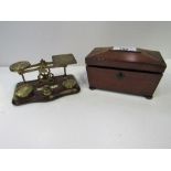 Small rosewood tea caddy & a set of postal scales. Estimate £40-60.