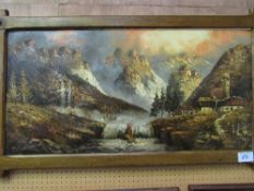 Large oak framed oil on canvas of mountain scene signed by the artist. Estimate £5-10.