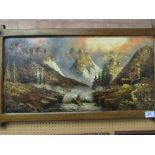 Large oak framed oil on canvas of mountain scene signed by the artist. Estimate £5-10.
