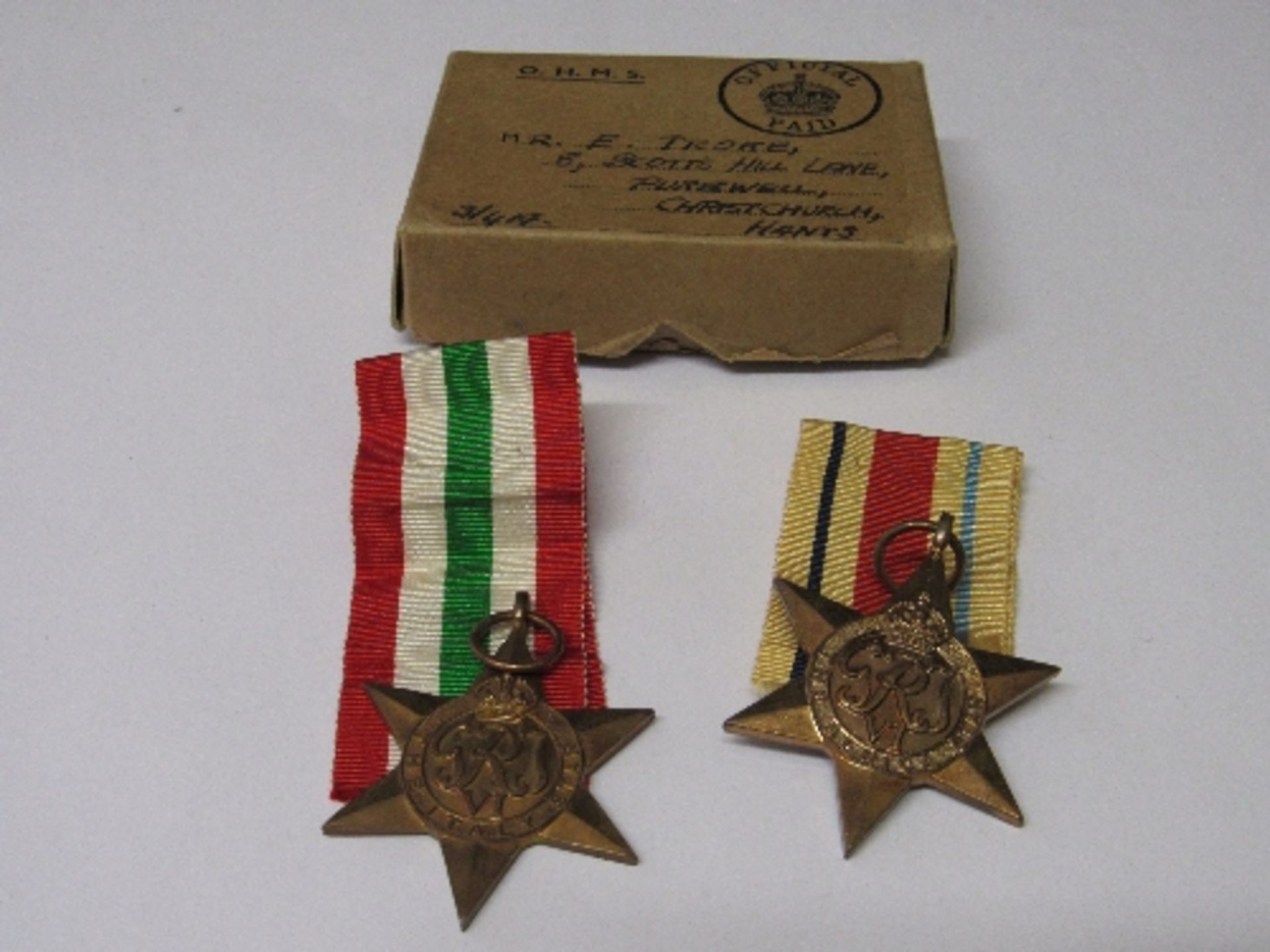 2 WWII medals in original postal box: The Italian Star & The Africa Star.  Estimate £20-30. - Image 2 of 2
