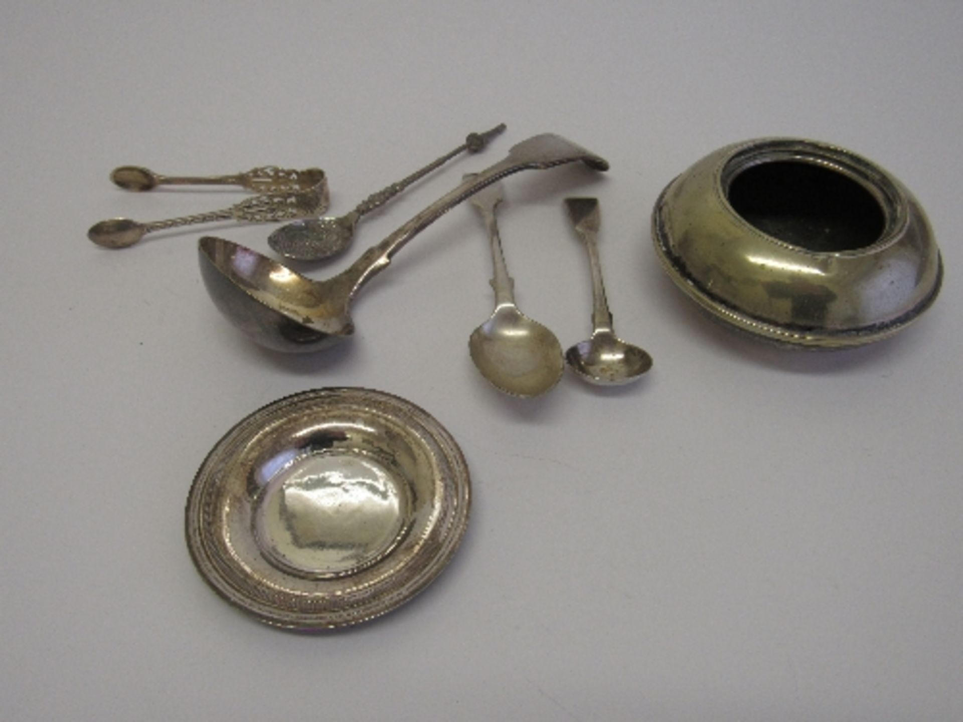 Georgian silver condiment spoon, London 1824, Georgian silver sugar tongs, London 1832, silver