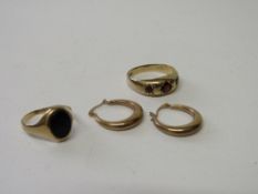 9ct gold & black signet ring & a pair of 9ct gold earrings, total 6gms. Estimate £50-60.