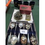Boxed set of 6 silver plated spoons, silver plated dish & napkin rings, qty of assorted flatware,