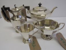 Silver plated Art Deco style tea set & silver plated water jug (not matching). Estimate £50-60.