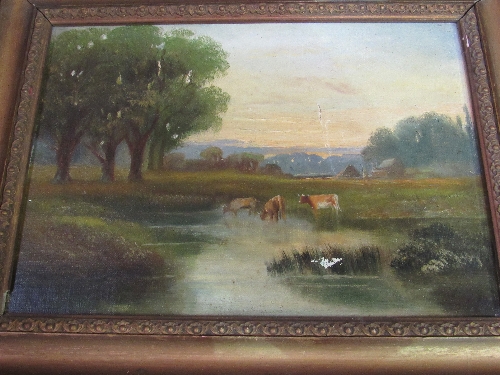 3 framed & glazed watercolours, an oil on canvas rural scene & a framed & glazed print of a